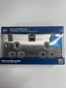 BG Gebürsteter Stahl Doppelschalter 13A Steckdose mit 22W USB C + USB A Gratis Versand - Bild 1 von 3