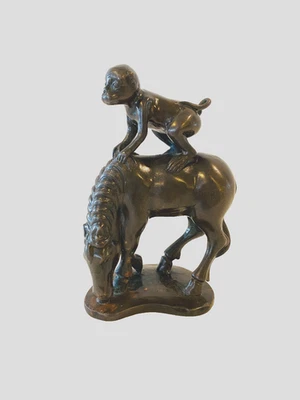 groupe bronze patine brune foncé sujet le cheval et le singe  . XX siècle . - Photo 1/2