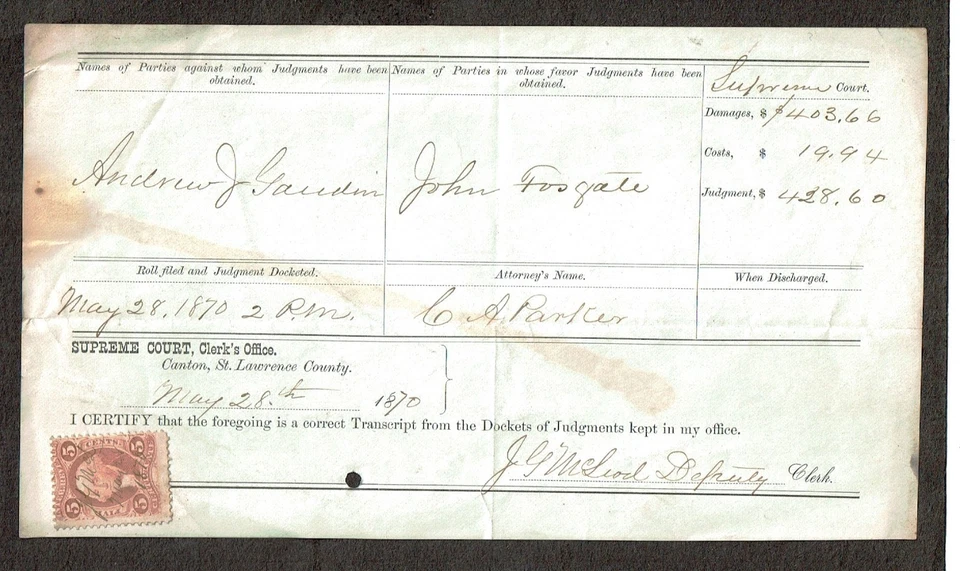 1870 Revenue First Issue  5c Red Wash CERTIFICATE Sc#R24 Canton, New York on Doc - Image 1 of 1