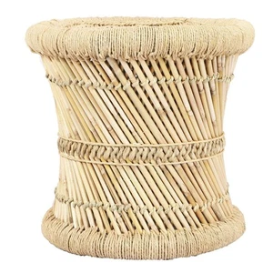 Handmade Bamboo Cane Wood Sitting Stool Jute Rope Wicker Ottoman Chair Mudha Mud - Picture 1 of 4