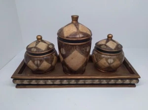 4er Set, 3 Keramik Kanister Deckel mit Tablett. Schöner Ton Braun/Gold/Beige - Bild 1 von 8