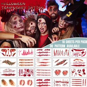 30 Stück Halloween Narbe Tattoo Temporäres Körpertattoo Aufkleber Blut Fake Wasserdicht - Bild 1 von 12