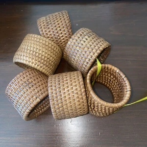 Set Of 6 Woven Brown Rattan Napkin Rings Natural Farmhouse Dining Decor Boho - Picture 1 of 7