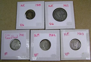 Newfoundland Lot of 5 Silver Coins 5c, 10c, 25c, Different Dates 1908 to 1943 - Bild 1 von 12