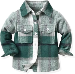 Boys Kids Long Sleeve Button Down Plaid Shirts Fall Winter Flannel Shacket Green - Picture 1 of 4