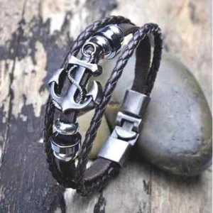 Armband Schmuck Schwarz Herren Mann Männer Leder Mode Lederarmband Style Anker - Bild 1 von 3