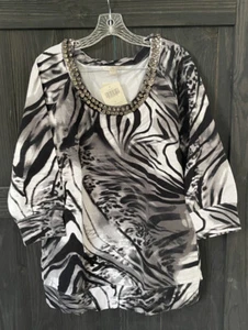 Boston Proper Women's Size Large Jewel Animal Print Sweatshirt Black 3/4 Sleeve - Picture 1 of 6