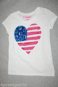 Girls S/S Tee Shirt WHITE Red Blue HEART Patriotic Flag FLOWERS Glitter XS 4-5 - Picture 1 of 1