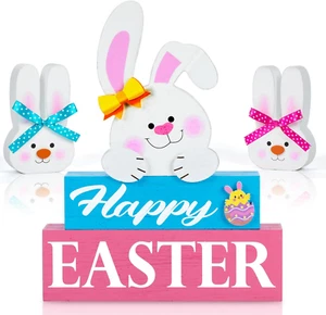 5 Pcs Easter Decorations for the Home Happy Easter Bunny Wooden Block Table Sign - Picture 1 of 12