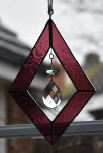 Stained Glass Diamond Shape Suncatcher With Hanging Crystals Handmade in England - Picture 1 of 3