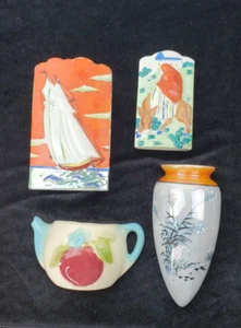 4 Vintage Ceramic Wall Pockets Japan Luster Sailboat Apple Woman Riding Donkey - Picture 1 of 14