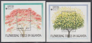 UGANDA Sc # 765-6 CPL MNH JUEGO DE 2 S/S - EXPO '90 OSAKA, JAPÓN - ÁRBOLES EN FLOR - Imagen 1 de 1