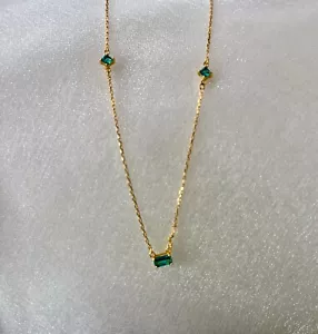 18K GOLD PLATED 925 STERLING SILVER LAB CREATED EMERALD NECKLACE 38+5cm - Picture 1 of 7