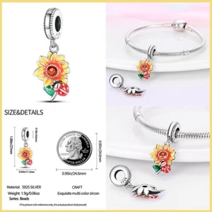 S925 Sterling Silver Yellow Sunflower ladybird pendant gift charm - Picture 1 of 3