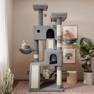 65 Inches Multi-Level Large Big Cat Tower Cat Activity Center Play House, Grey - Picture 1 of 8