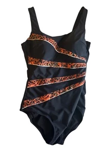 Seekers Essentials Womens One-Piece Swimsuit Sz 14 Black Leopard Print Accents - Picture 1 of 13
