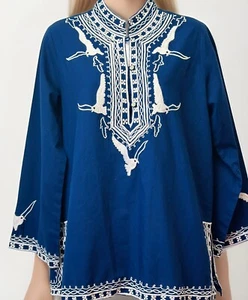 Leandra Crochet Blue Tunic Women's S/M Embroidered Bohemian Art Vintage Birds - Picture 1 of 13