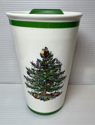 SPODE Christmas Tree TRAVEL MUG & LID Green Trim 8oz Porcelain - Image 1 of 4