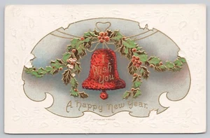 Te deseo un feliz año nuevo, campana roja acebo hiedra en relieve, postal vintage - Imagen 1 de 2
