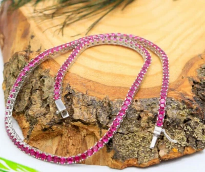 4MM Round Cut Lab Created Pink Ruby Tennis Necklace 18"Inch 14K White Gold Over - Image 1 of 4