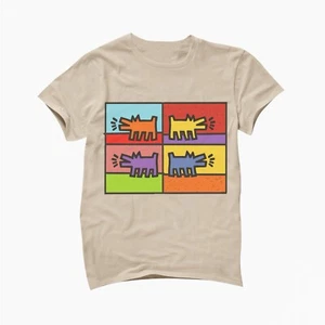 Keith Haring Inspired Multi-Color Barking Dog Tan Short Sleeved T-Shirt - Picture 1 of 1
