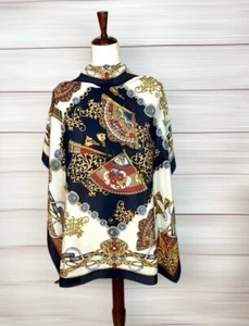 Larioseta BARBIERI Como Bufanda de Seda Preciosa Estampado de Abanico Azul Marino Dorado Blanco Italia - Imagen 1 de 12