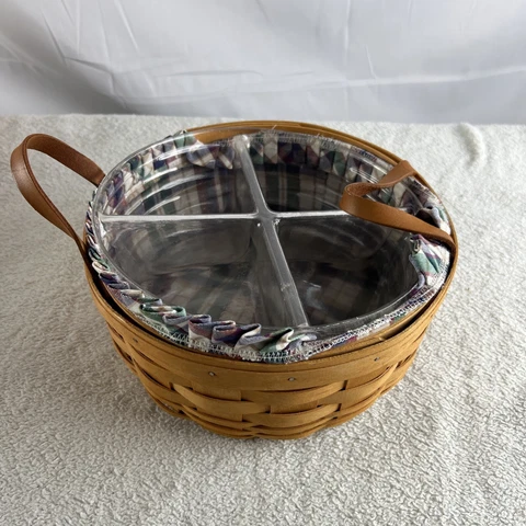 1999 Longaberger Round Darning Basket Divided Protector Plaid Liner 10"RD x 4"H Cover
