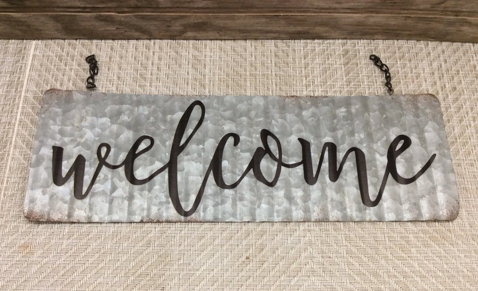 RUSTIC Farmhouse Corrugated Tin Metal Hanging WELCOME Sign 13.75" X 4.75" - Image 1 of 4