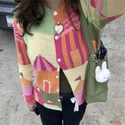 Vintage 90s Talbots Colorful Beach Tent Cardigan Sweater M Pink Green Orange - Image 1 of 4