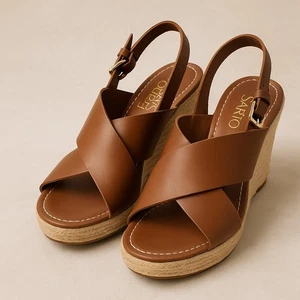 Franco Sarto Tamryn braune Leder Keilabsatz Espadrille Sandalen 8,5 M Boho Chic - Bild 1 von 7