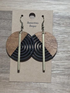 Hand Painted Laser Cut Wood Earrings Black & Oak Circle W Gold Adornment 1.5" - Picture 1 of 1