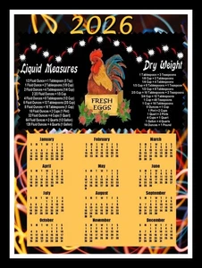 2026 CHICKEN CALENDAR MAGNET + Kitchen Conversion Chart for Dry/Liquid Measures - Picture 1 of 2
