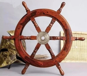 24" Maritime Boat Ships Captains Nautical Beach Ship Wooden Steering Wheel - Picture 1 of 6