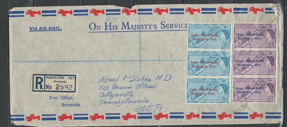 BERMUDA POSTAL COVER TO USA REGISTERED THREE POWER TALK OVERPRINT LOT (BCL 69) - Image 1 of 1