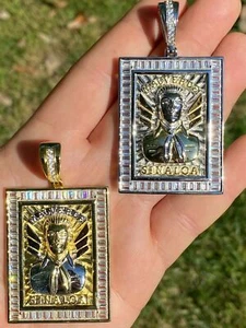 Real 925 Sterling Silver & Gold Plated Jesus Malverde Medallion Large Pendant CZ - Picture 1 of 10