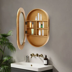 Medicine Cabinet Bathroom Mirror Cabinet Storage Shelves 20"x31" Wood Frame Gold - Picture 1 of 23