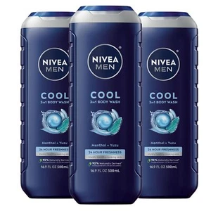 3-Pack NIVEA MEN Cool Body Wash with Icy Menthol, Menthol & Yuzu, 16.9 Fl Oz - Picture 1 of 9