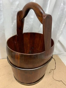 16" Vintage Wooden Chinese Asian Water Rice Bucket Pail W/ Metal Ring Binding - Picture 1 of 14