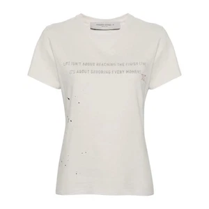 GOLDEN GOOSE Aged White Cotton Tee with Print & Embroidery M - Picture 1 of 10