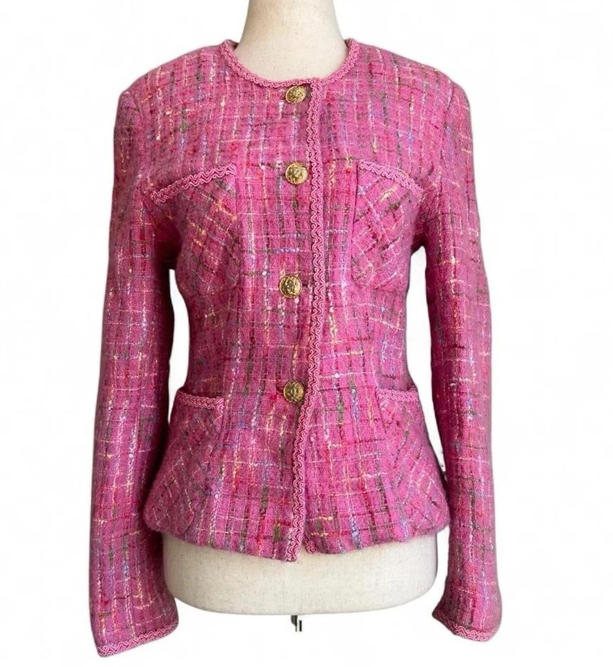 Blazer Vintage Rosa Cuadros Tweed Talla S Dorado Bordado Botones Retro Glamour Foto 1 de 4