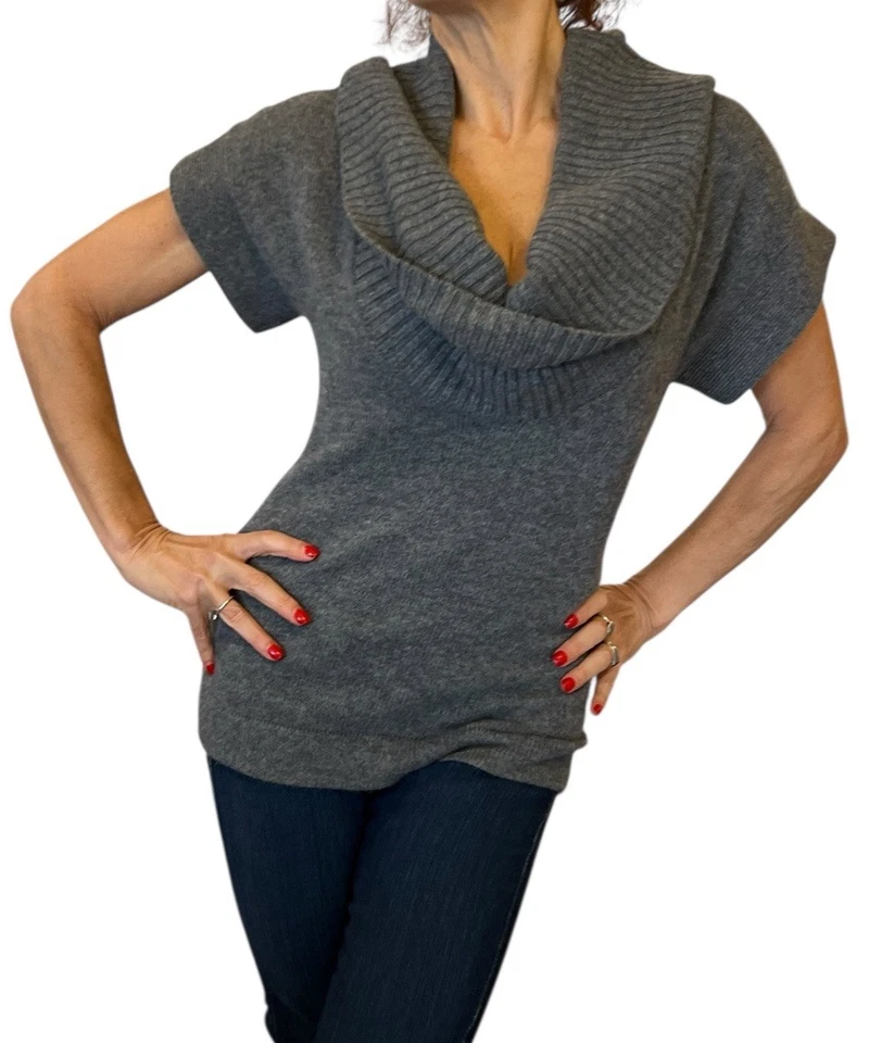 Роскошный кашемировый пуловер DEREK LAM свитер серый короткий рукав драпированный воротник-капот P - Изображение 1 из 4