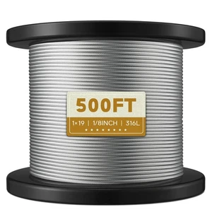 KALLSDY Stainless Steel Cable 1/8 Inch, 1 x 19 Strands Construction, 500FT T316L - Picture 1 of 7