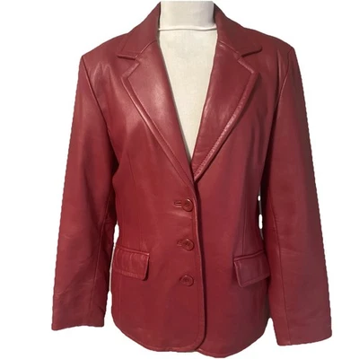 Worthington Women’s L Genuine Lambskin Leather Red 3 Button Blazer Jacket - Image 1 of 4