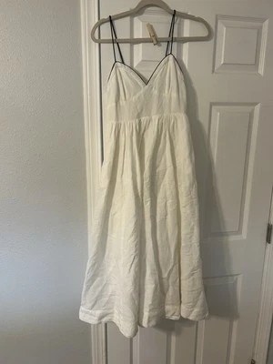 Maeve White Linen Spaghetti Strap Midi Dress With Blue Piping, Size 0 - Image 1 of 4