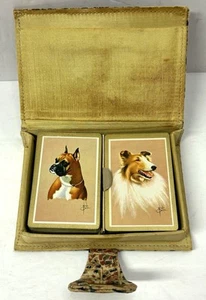 Vintage Bridge Set Hand Colored Artwork Fabric Case w/ 2 Deck Dog Playing Cards - Picture 1 of 6