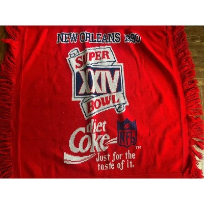 Manta tejida vintage 1990 Super Bowl XXIV tiro rojo Nueva Orleans NFL Diet Coke Foto 1 de 4