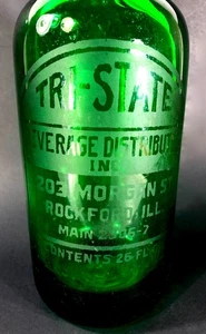 Botella publicitaria de vidrio grabado Rockford IL Tri State Beverage 1930-1960 vintage - Imagen 1 de 13