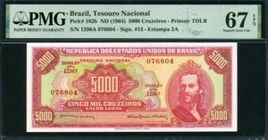 Brazil 1963-1964 5000 Cruzeiros,P182b,PMG 67 EPQ Superb GEM UNC Top Pop - Picture 1 of 3