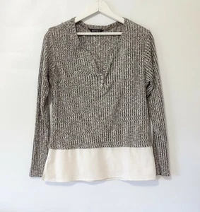 Top de mujer harapiento crema y gris en capas suéter manga larga talla pequeña - Imagen 1 de 5