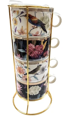 Set De 4 Blanc,Noir Multi Floral,Oiseaux Empilable Tasse Café ,Thé ,Métal Rack - Photo 1/4